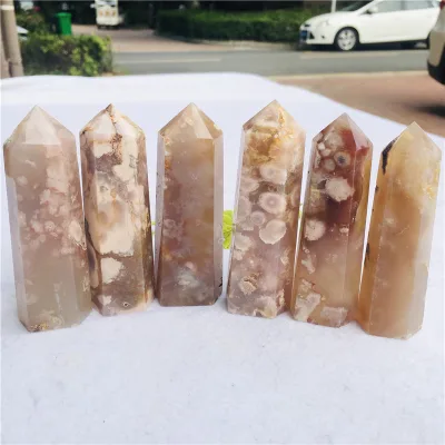 High Quality Natural Crystal  Crafts Flower Agate Point Healing Cherry Blossom Agate Point Wand for  Decoration