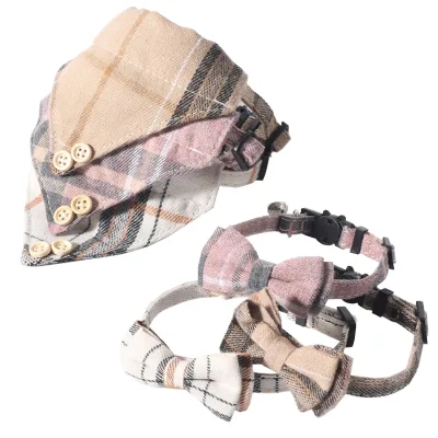 Heybo Beige Plaid Velvet Dog Collar Bow Tie Adjustable Bandana Leash Set Featuring a Bell-for Puppy Winter and Spring