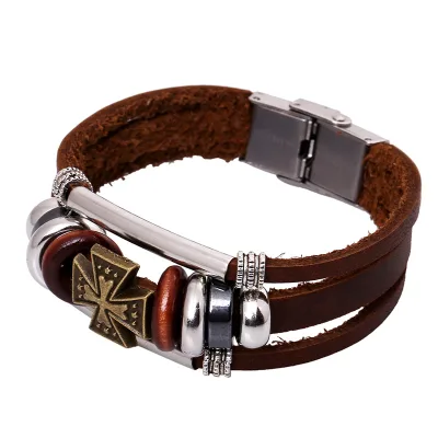 Tibet Stone Multilayer Leather Bracelet Cross Charms Beads Bangle for Men Vintage Punk Wrap Wristband