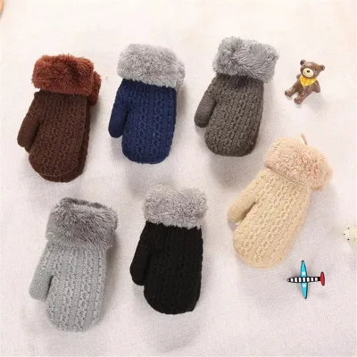Children Mittens Winter Knitted Gloves Faux Fur Thick Warm Cute Cartoon Baby Boys Girls Hanging Neck Gloves for 1-4 Years