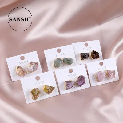 Gold Plated Handmade Natural Stone Amethyst Earrings Studs Woman Gemstone Rose Quartz Raw Crystal Earrings
