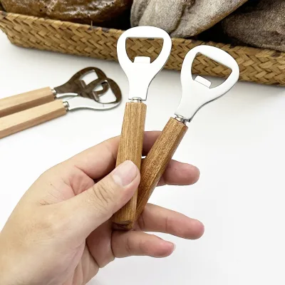 Stainless Steel Bottle Opener With Wooden Handle Manual Bottle Can Beer Cap Tool for Party Travel Gift Home Bar Kitchen
