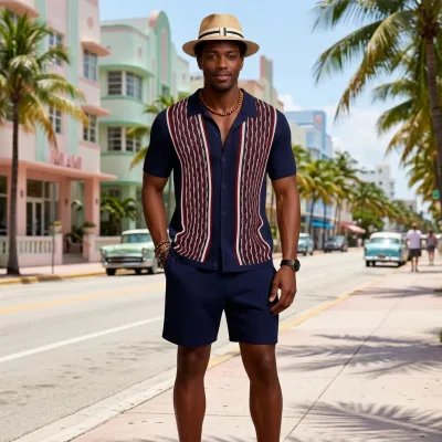 Custom Caribbean Apparel Men 3PCS Tropical Resort Wear Set Knit Polo Shirt Shorts Bucket Hat OEM Wholesale Summer Party Costume
