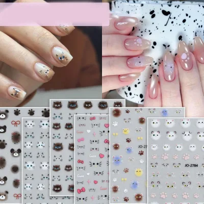 2d Cute Cat Nail Art Stickers Self-adhesive Cartoon Cat Face & Star Designs for Girls Women Manicure DIY Accessories