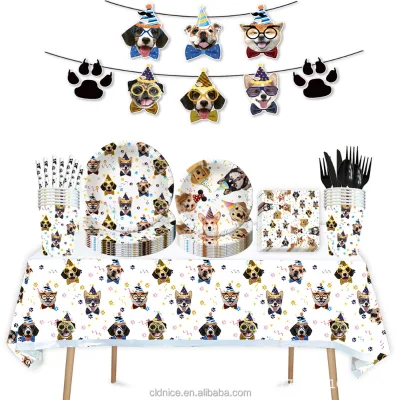 Nice Cute Dog Birthday Set Disposable Paper Tableware Birthday Party Paper Plates Cups Tablecloth Party Decoration Paw Sets