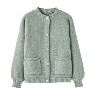 Women's Loose Long Sleeve O Neck Knitted Cardigan Sweater Top Casual Double Pockets Jacket for Winter Knitwear Manufacture