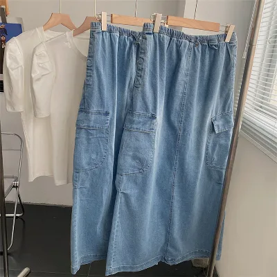 Retro Women's Jeans Long Skirt Casual Skirts Slim Jean Dress Streetwear Plain HIgh Waist Split Denim Skirts