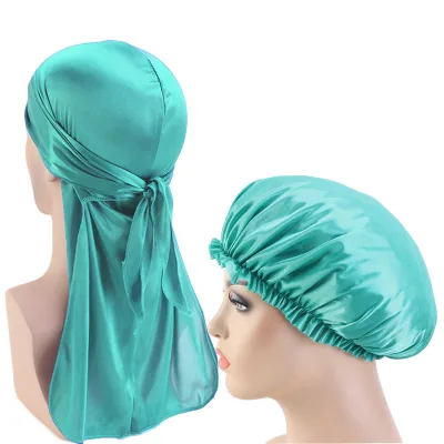 Wholesale New 10 Colors 2pcs/Set Couple Design Satin Silky Durag Doory and Hair Bonnet Sleep Cap TJM-05C/250A