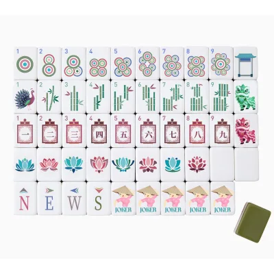New Design Olive Green Acrylic Mahjong Set 4 Layer American Tiles with Unique Printed Pattern for Table Game