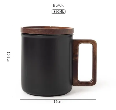 360ml Simple Style Ceramic Coffee Mug Creative Household Water Cup With Wood Handle Luxury Plain Black Tea Cups for Wholesale