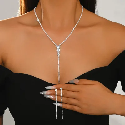 Minimalist Delicate Crystal Zircon Heart Tassel Jewelry Set Fashion Necklace & Earrings Glamorous Party Accessories for Women