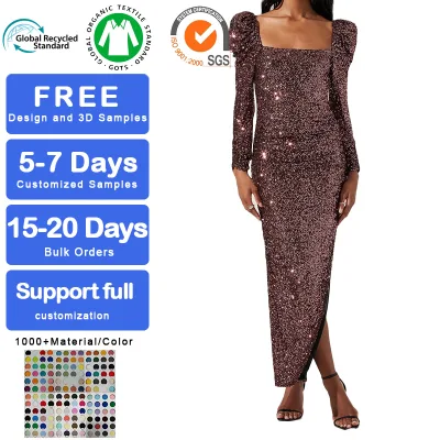 Women's Sequin Dress Square Neckline Puff Shoulders Long Sleeves Midi Dress Sparkly Casual Party Dress