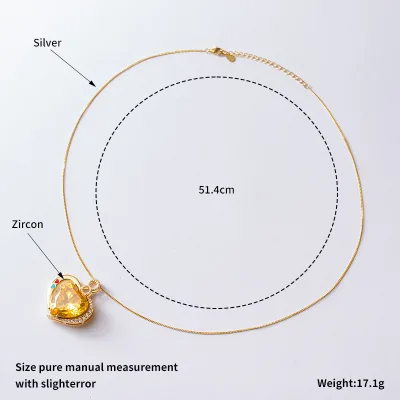 Yellow Heart Crystal Zircon Pendant Necklace Silver Chain With Clear CZ Halo Women Glamorous Necklaces Fashion Ear Ornament