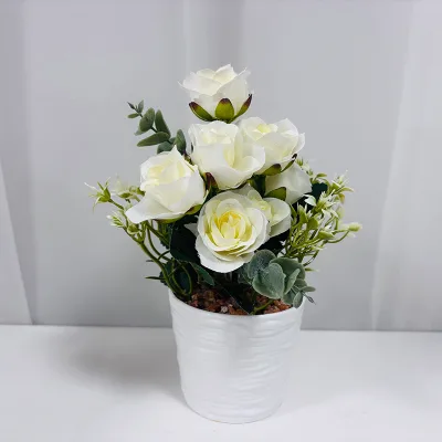 Artificial Rose Potted Plant-High Quality Plastic 21cm Tabletop Party Decoration Natural Touch High Simulation for Indoor Use
