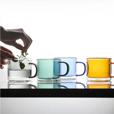 56H High Borosilicate Custom Logo Drinking Glasses 250ml Double Wall Glass Cup With Handle for Milk Juice
