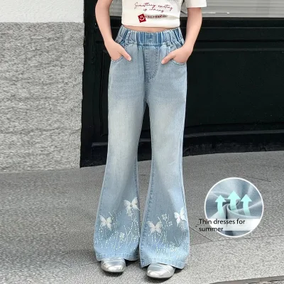For Girls' Summer Jeans Thin-Style Korean Flared Pants Cartoon Flowers Mid-Large Sizes Children's Trousers