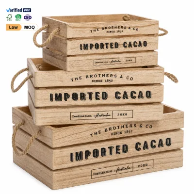 Wholesale Stackable Wooden Display Crates Multi-size Wood Storage Boxes with Hemp Rope Handle for Garden Shop Bulk