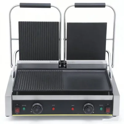 Commercial Double Head Electric Contact Grill Non-Stick Stainless Steel Griddle High Efficiency Smokeless Temperature Control