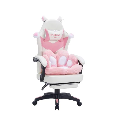 Luxury Pink Cat Ear Reclining Gaming Chair with Footrest Ergonomic Swivel Racing Seat Girls High Back Paw Pillow