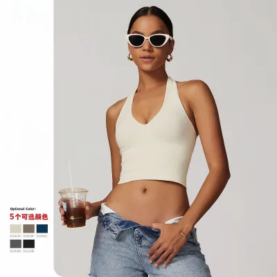 Solid Color High Support Blank Athletic Clothing Customized Breathable Halter v Neck Seamless Sleeveless Top Shockproof tank Top