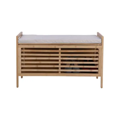 Bamboo Storage Bench with Ottoman Seat, W/ Padding, Footstool & Storage Box W/ Lid and Handles, Natural Brown