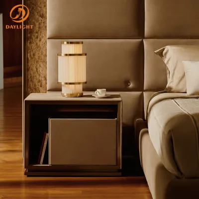 Luxury Modern Nightstand with Metal Frame, Leather Finish and Open/Closed Storage Combination, High-End Minimalist Bedside Table