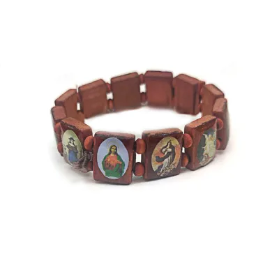 Stretch Wood Bead Bracelet Jesus Angel Mary Religious Bracelet Catholic Bracelet