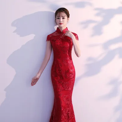 Red Traditional Chinese Wedding Gown Cheongsam Long Qipao Bride Traditions Classic Women Dress Oriental Dresses Size S-3XL