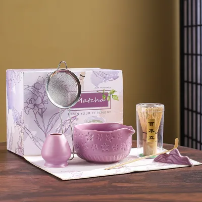 Japanese Matcha Ceremony 7pcs Set Ceramic Chawan Bowl & Whisky Teaspoon Tea Strainer Gift Box Matcha Tools Kit for Tea Lovers