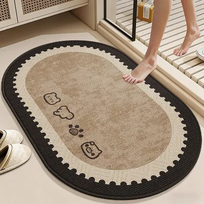 Cartoon-style Vintage Bathroom Bath Mat Non-slip Floor Rug Toilet Entrance Durable Linen Oval Geometric Pattern Cartoon Anime