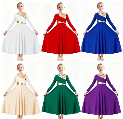 Children Girls Long Sleeve Liturgical Dance Dress Gold Splice Praise Worship Full Circle Long Dress Kids Lyrical Dance Costume