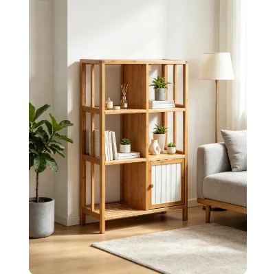 Natural Bamboo Bookshelf with Closed Storage Cabinet Multi Grid Display Rack Wooden Shelving Unit for Living Room Bathroom