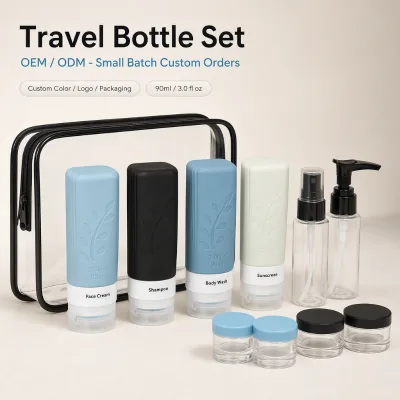 Wholesale 18 Piece Silicone Travel Bottle Accessories Set 90ml 60ml BPA Free Leak Proof Custom Logo Color Style Packaging