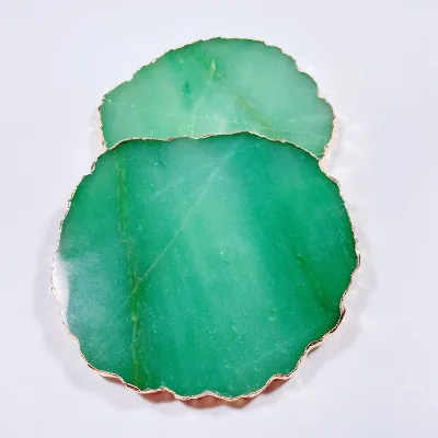 Huiying Wholesale Polished Natural Decorative Green Aventurine Jade Gold Plated Stone Home Cup Agate Slice Coaster Dish