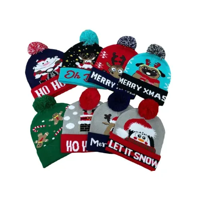 2025 Custom Light-Up Knitted Hats Santa Cap Kids Adults Xmas Christmas Hats LED Lights Beanies