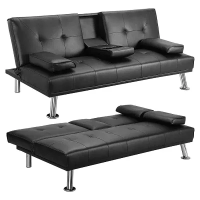 Reclining Lounge Simple Assembly Faux Leather Convertible Sofa Bed with 2 Cup Holders Removable Soft Armrests