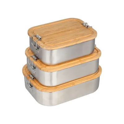Double Layer Bamboo Lid Leakproof Stainless Steel Lunch Box for Outdoor Party