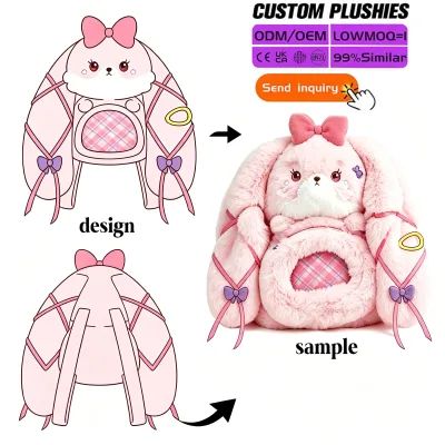 Custom Novelty Pink Rabbit Plush Ita Bag Kawaii Bunny Display Backpack with Clear Pocket Plush Bag