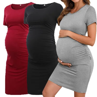 Private Label Soft Fabric Women Dress Round Neck Pregnant Women Dress Side Ruched Maternity Dress