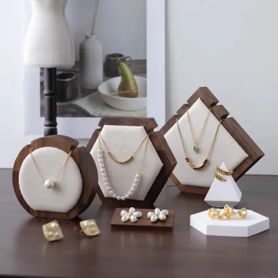 Light Luxury Walnut Wood Necklace Display Stand with Trays Counter Geometric Jewelry Rack Photo Props