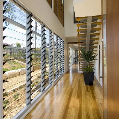 Superhouse Brown Aluminum Frame Frosted Glass Blind Louver Ventilated Rainproof Shutter With Mosquito Mesh