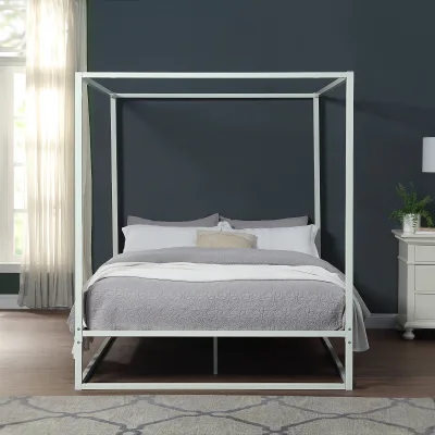 Modern White Metal Canopy Bed Frame with Four Poster Design Heavy Duty Platform Bed for Master Bedroom Furniture