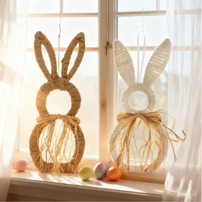 Wholesale Eco-friendly Spring Garden Hanging Ornaments Woven Easter Bunny Rabbit Wreath Artificial Spring Bunny Home Wall Decor