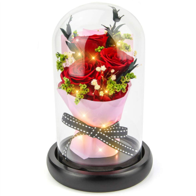 Flower Eternal Flower Decoration Colorful Real Rose With Led Light Preserved Roses Red in Glass Dome for Girl Woman