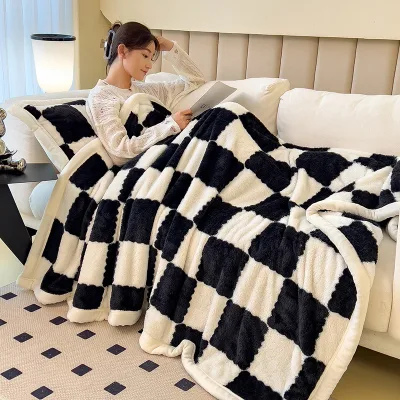 Velvet Knitted 100% Polyester Soft Blanket Printed Checkerboard Pattern Thickened Winter Office Nap Cross-Border Product