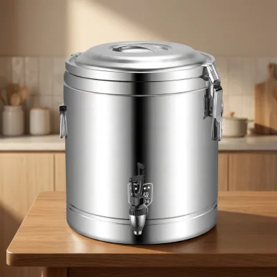 Commercial Hot Food Warmer Storage Tank, Stainless Steel Thermal Soup Barrel with Faucet for Central Kitchen Insulated Water Jug
