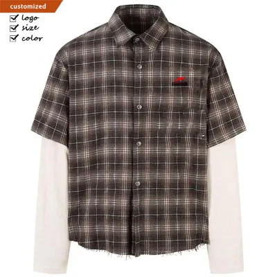 Custom Acid Wash Streetwear High Quality Oversized Vintage Long Sleeve t Shirt OEM Rhinestone Flannel Plaid Shirts for Men