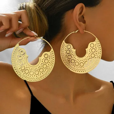 Exaggerated Large Hoop Earrings for Women Big Gold Tone Statement Earrings Hollow Out Ethnic Boho Earrings