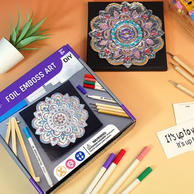 Factory Flower Aluminum Foil Emboss Art Educational Toys Set 1 Black Canvasboard 1 Wooden Easel 6 Acrylic Markers 20 Dot