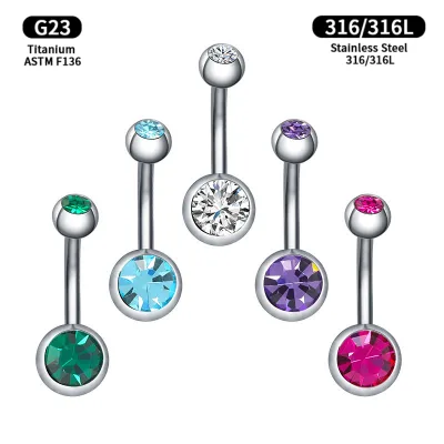 1Pc G23 Titanium Navel Bars Piercing Belly Button Rings Body Jewlery Piercings Stainless Surgical Steel Titanium Gem Belly Rings